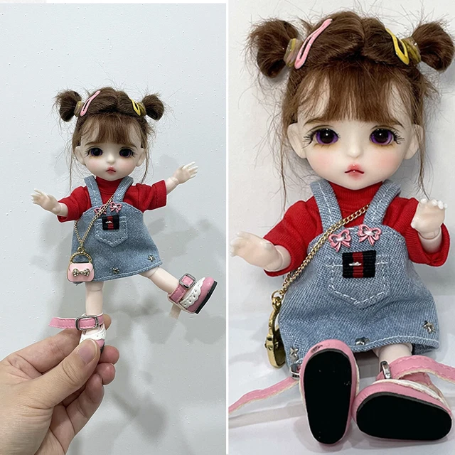Bambola 6" 1/8 BJD palla bambole articolate ragazza sostituzione abito blu vestiti rossi scarpe parrucca
