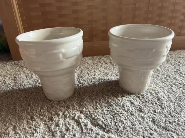 2 Longaberger Pottery Woven Traditions IVORY Ice Cream Cone Dishes