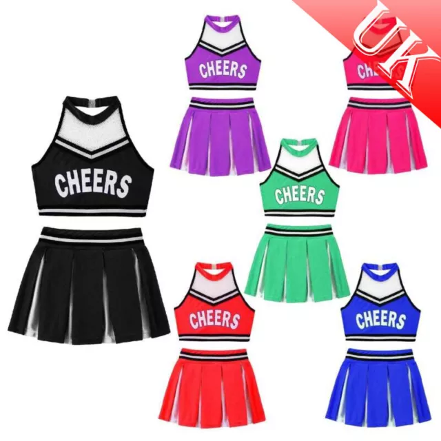 UK Kids Cheerleading Uniform Girls Cheerleader Dance Costume Crop Top with Skirt