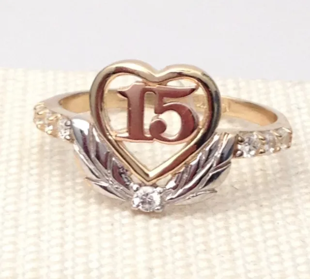 14k Rose White & Yellow Gold Heart 15 Birthday Quinceanera Ring Band Girl Cz