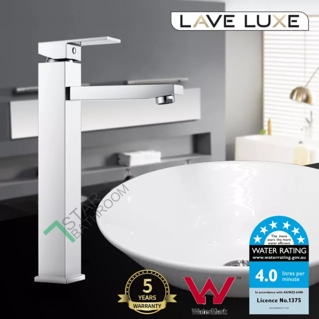 Watermark High Rise Basin Square Mixer Tap Brass Faucet Silver WELS Bathroom