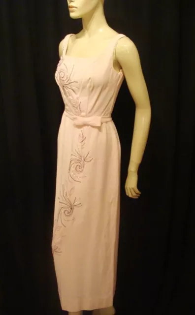 50s VINTAGE DATE MAKER FORMALS SEXY PINK CREPE COLUMN GOWN BEADS PEARLS S