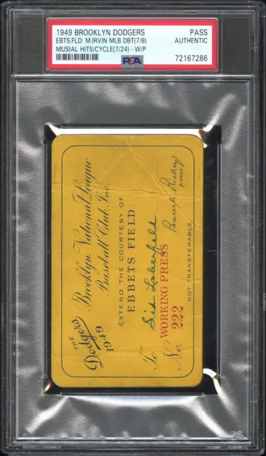 1949 Brooklyn Dodgers Pass Valid Monte Irvin Mlb Debut/Stan Musial Cycle Gm🔥Psa