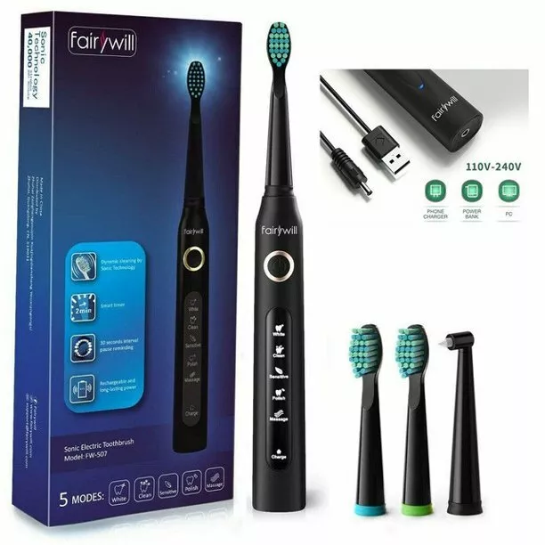 Fairywill Rechargeable Sonic Electric Toothbrush 5 Modes Auto Shut Off - Black