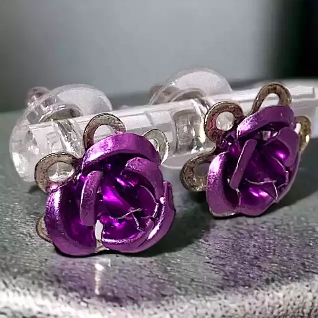 Purple Silver-Tone Metal Rose Flower Earrings!