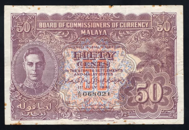 1941 Malaya 50 Cents Banknote - Very Fine Condition - A/21 068021 - P10