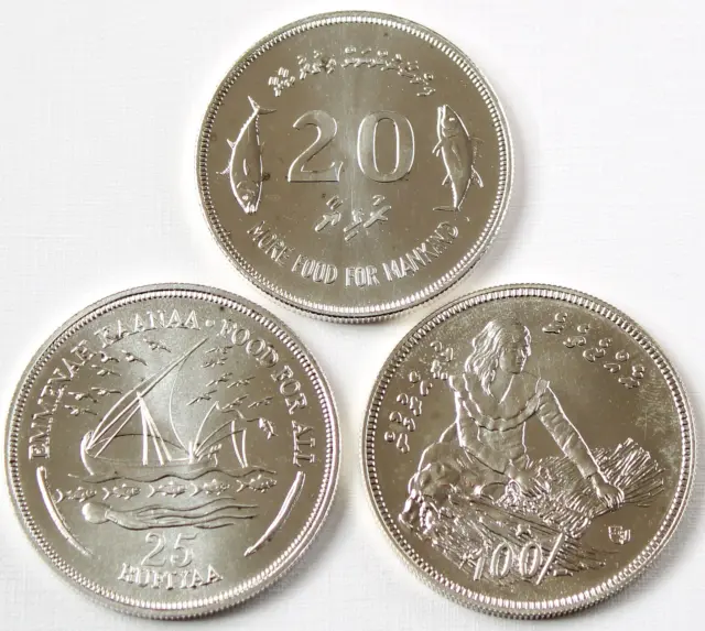 Konvolut 3 Silbermünzen Malediven Silber 84,92 g 20 + 25 + 100 Rupees 1977- 1979