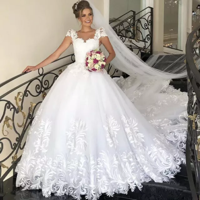 White Elegant Wedding Dresses Lace Applique V-Neck CapSleeves Bridal Gown Train