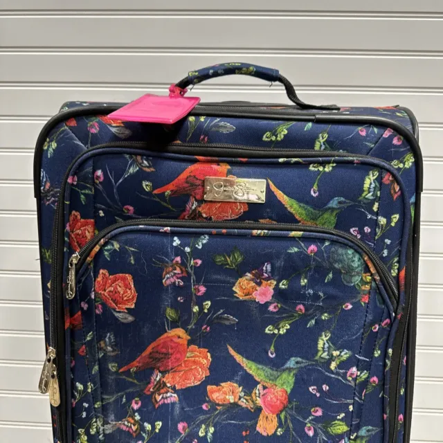 Jessica Simpson Rolling Swivel 24” Luggage Colorful Navy Birds Carry On Bag 2