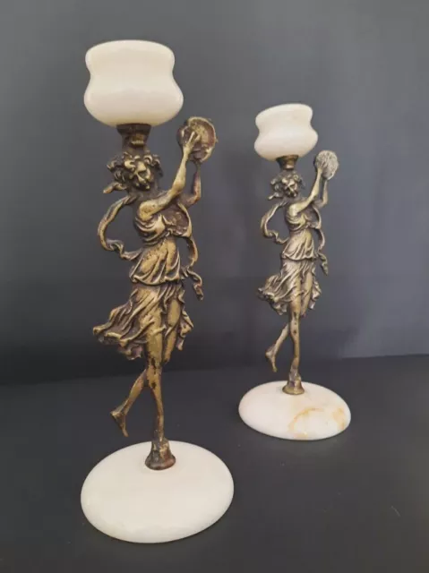 Antique Vintage Brass and Marble Candlestick Candle Stick Holders Pair Set 2