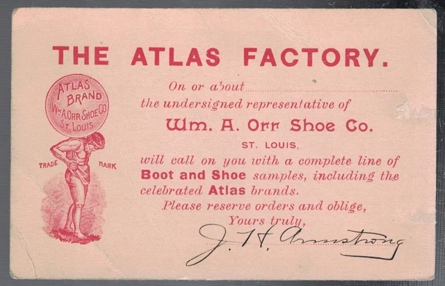 1800'S Atlas Factory Wm. A. Orr Shoe Co. St. Louis Pre-Paid Postal Calling Card