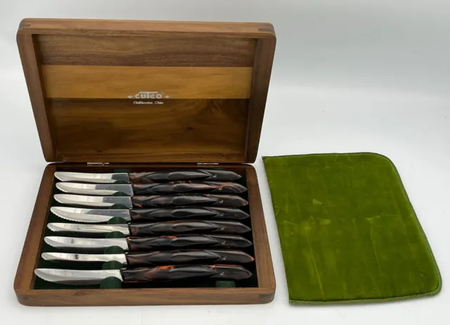 Vintage Cutco 1759 Steak Knives Set of 8 Brown/Orange Marbled Handles Wood Box