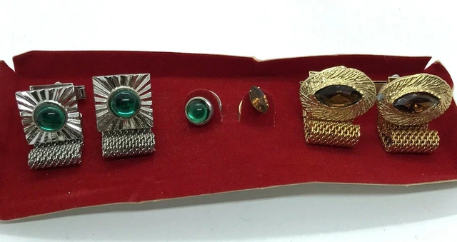 Vintage 70s Cuff Link Tie Pin Set 2 Pairs Mod Disco Bling