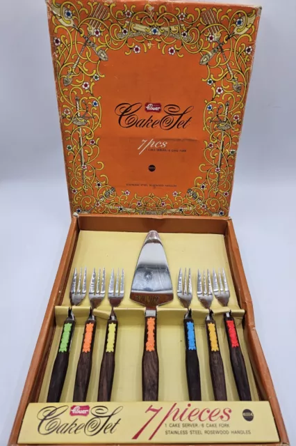 Cake Forks and Slice Vintage Set Stainless Steel & Rosewood Handles Boxed