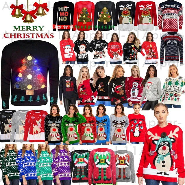 WOMENS MENS LADIES Unisex Xmas Christmas Jumpers Knit 3D LIGHT