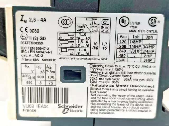 Schneider Gv2Me08 Motor Protection Circuit Breaker 2.5-4A 690V - Lot Of 2 Pcs 2