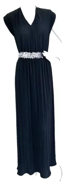 VINTAGE EDITH FLAGG Plisee Dress Maxi V-Neck Sleeveless Sequin Belt ...