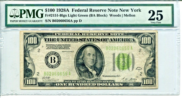 1928-A $100 Federal Reserve Note New York Light Green Seal PMG VF25 #B02060656A