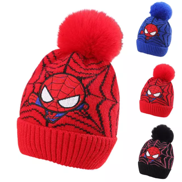 Kids Winter Beanie Hat Boy Cartoon Spiderman Winter Warm Knitted Pompom Ski Caps