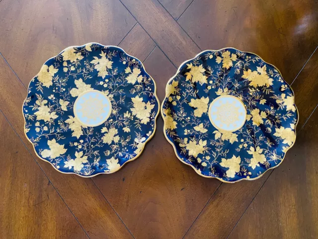 Davenport StaffordshIre England Porcelain Cobalt Blue Gold Encrusted Plates Pair