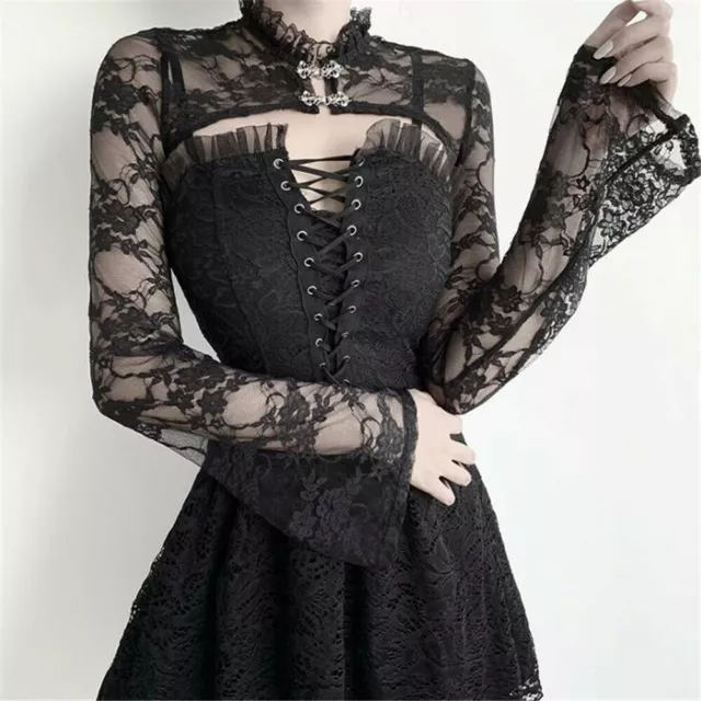 Womens Gothic Black Stand Collar Floral Lace Long Sleeves Crop Tops Blouse Shirt