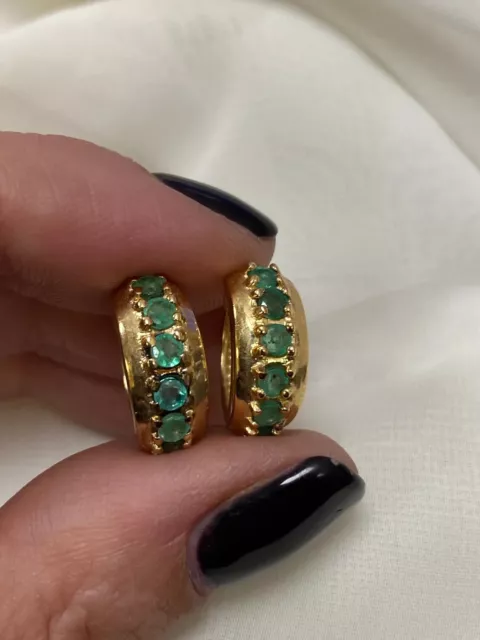 Natural Vintage Emerald Hoop Earrings 1.4Ct Round  14K Yellow Gold Plated