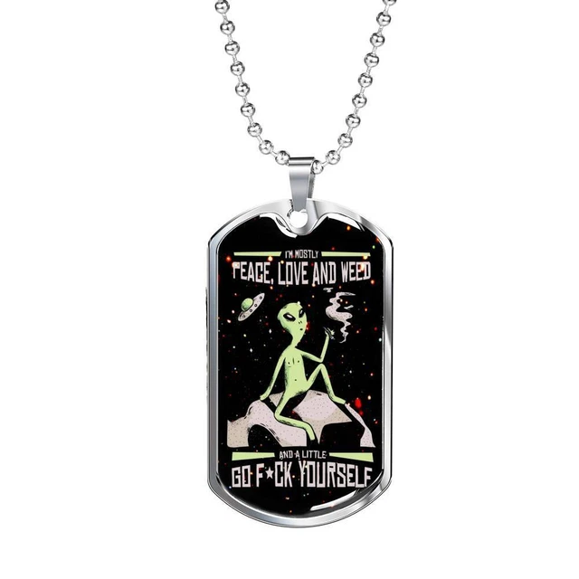 Alien Smoking Necklace UFO Alien Fan Gift Stainless Steel or 18k Gold Dog Tag 24
