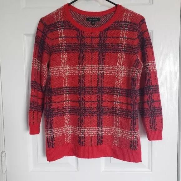 Ann Taylor Wool/Mohair Blend Jacquard Sweater Size Small Red/Black/White Plaid 2