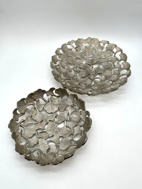 PAIR Metal Silver Ginkgo Plant Leaf Bowls India Earthy Home Decor - Two Sizes