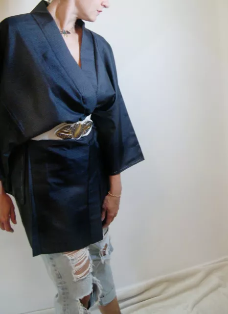 Mini fodera a scacchi vintage anni 70% seta metallo blu rosa kimono giapponese S M