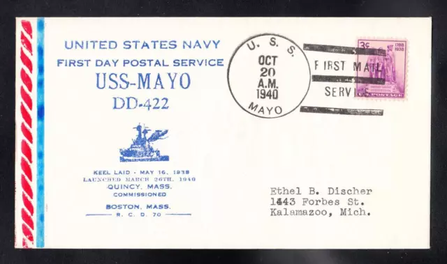 WWII Destroyer USS MAYO DD-422 FDPS Naval Cover B4800