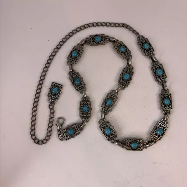 Vintage Silver Tone Simulated Turquoise Concho Belt Adjustable
