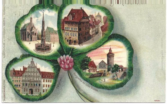 NURNBERG, den GERMANY Postcard 4 Scenes Within Four Leaf Clover, Blumenkarten++