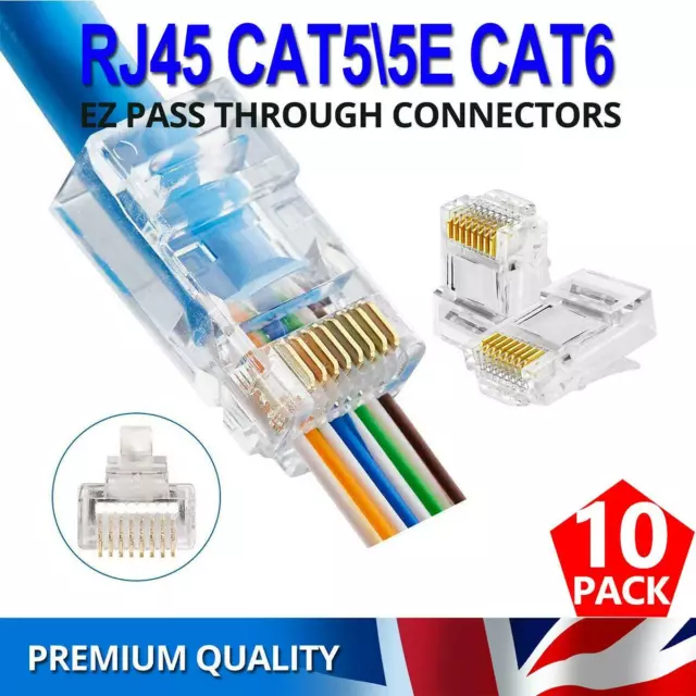 10x RJ45 Cat 5/5e Cat6 EZ PASS-THROUGH Connector Ethernet Network Cable Plug UK