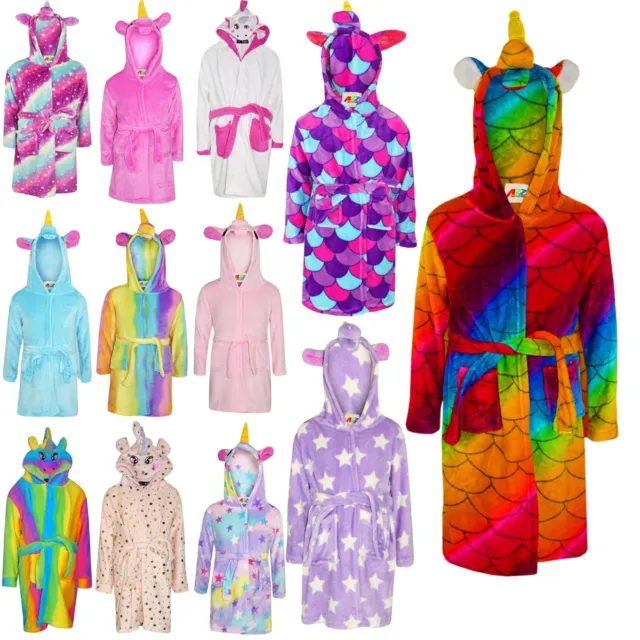 Kids Girls 3D Animal Unicorn Bathrobe Fleece Dressing Gown Loungewear 2-13 Years