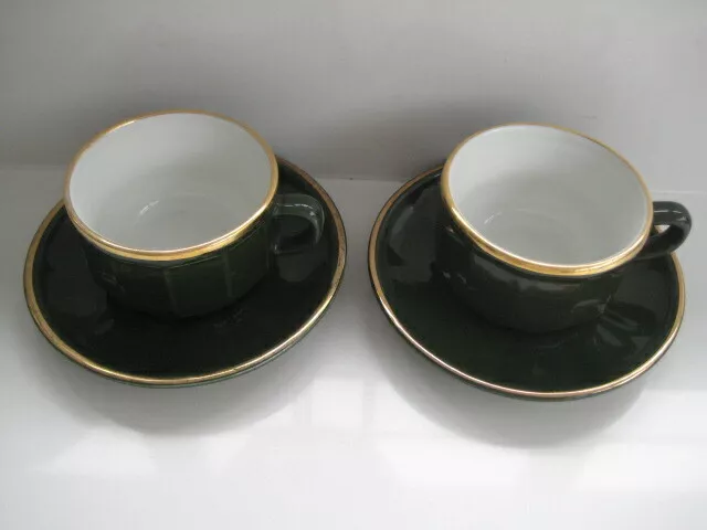 2  x  APILCO GREEN & GOLD SMALL COFFEE TEA CUPS AND SAUCERS FRENCH BISTRO WARE B