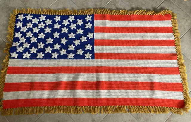 Vintage AMERICAN FLAG Hand Crochet Afghan Blanket Throw 50 Stars ~ 31x51