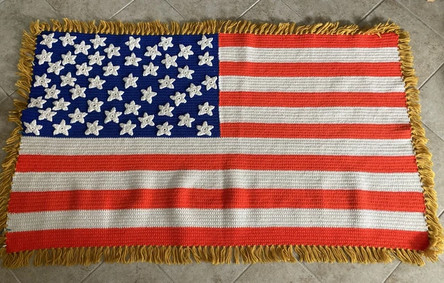 Vintage AMERICAN FLAG Hand Crochet Afghan Blanket Throw 50 Stars ~ 31x51