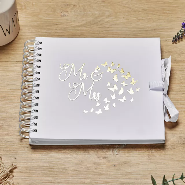 Mr and Mrs Wedding White Scrapbook Guest Book Photo album Gold Script Butterfly