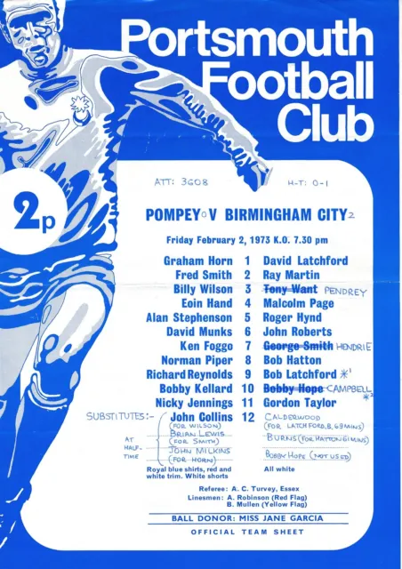 Portsmouth v Birmingham City (Friendly) 1972/1973 - single sheet programme