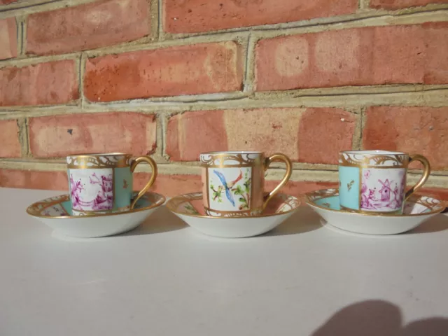 Set of 3 Vintage Limoges France Porcelain HP Small Miniature Cups & Saucers