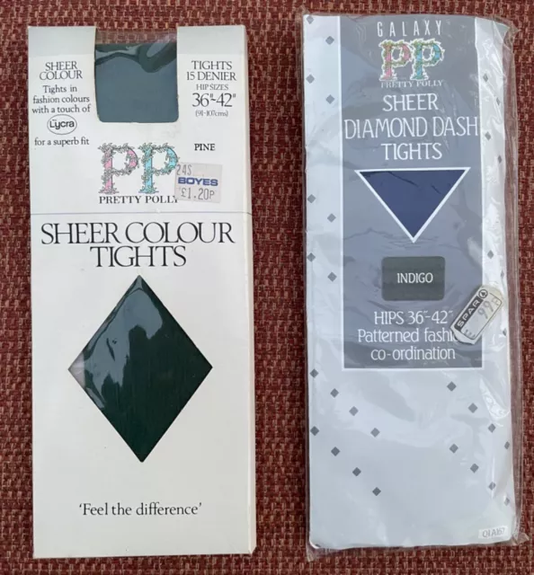 2 Pairs Vintage Pretty Polly 15 Den Sheer Tights, Pine, Indigo, One Size BNWT