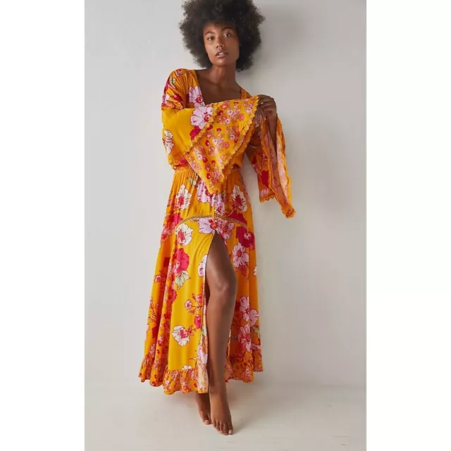 Free People Penny Printed Bohemian Floral Maxi Bodysuit Dress Size XS Orange