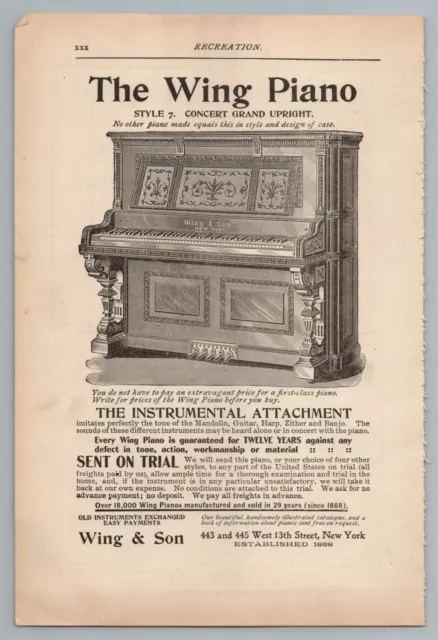 1896 Recreation Print Ad The Wing & Son Piano New York