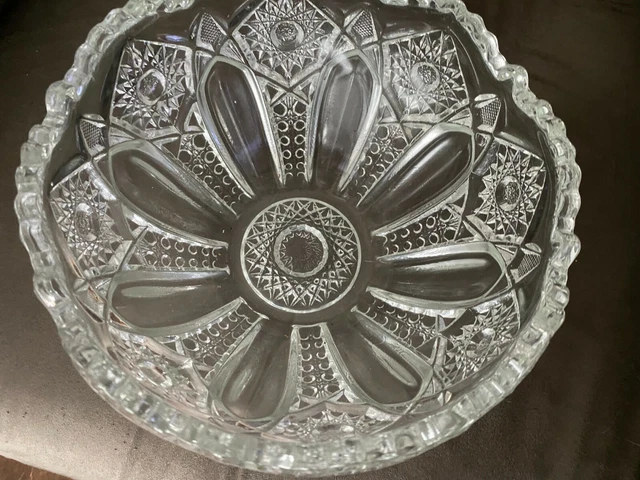 Vintage Clear Pressed Heavy Cut Glass Serving Dish Bowl Saw Tooth Edges 8"