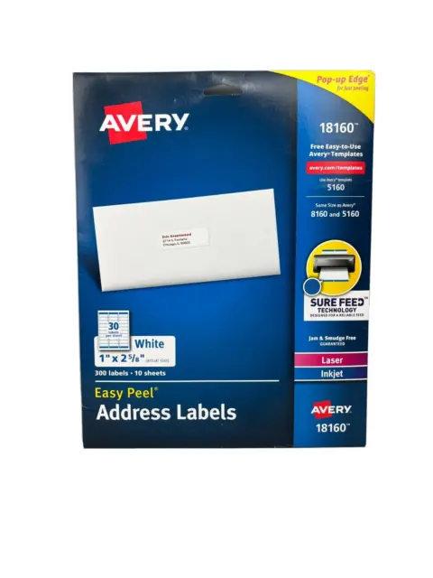 Avery Address Labels 1" x 2 5/8" Easy Peel 300 labels 10 sheets 18160
