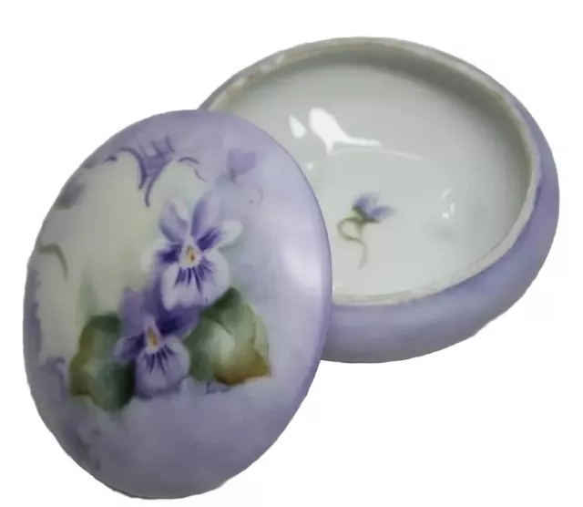Porcelain Small Purple Floral Hand Painted Footed Trinket Box Signed Linda Vtg