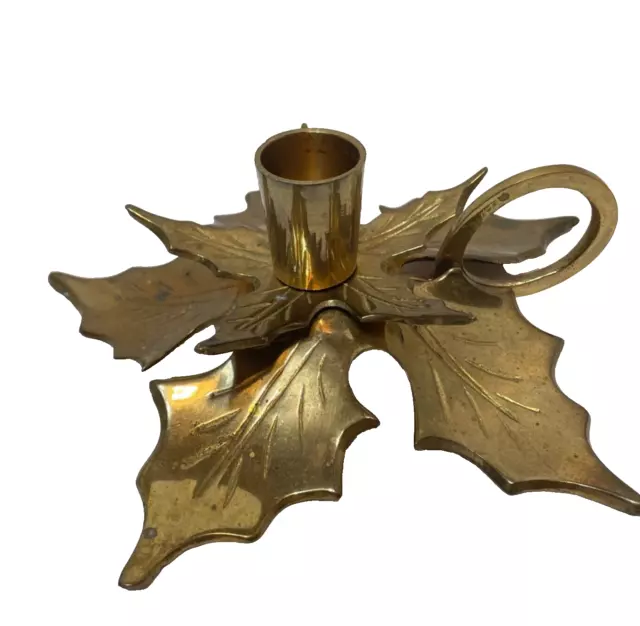 Vintage Christmas Solid Brass Candlestick Holder Holly Leaves With Handle India