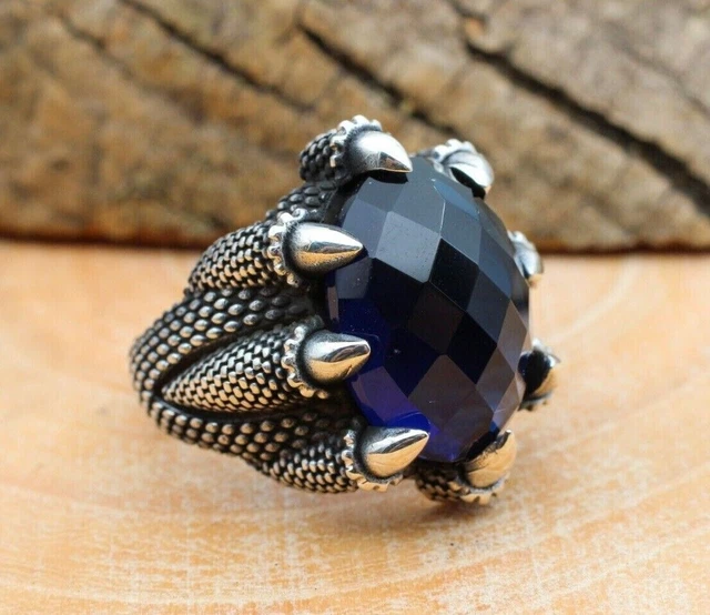 Bague saphir pour homme Bague faite à la main en argent sterling 925 Griffe...