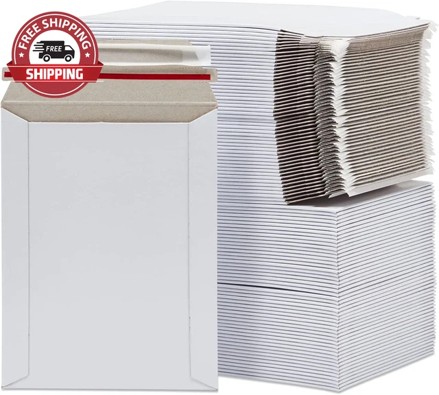100 Pack Stay Flat Rigid Mailers 6X8 with Self Adhesive Seal, Bulk White Cardboa